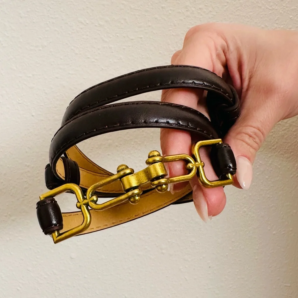 New Elegant Coffee Brown Faux Leather Gold Brushed Buckle Thin Adjustable Belt